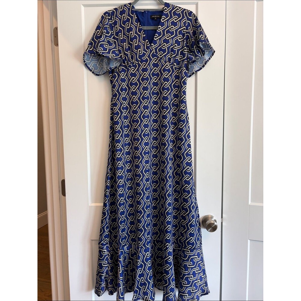 Blue Chain-Print Flutter Sleeve Dress